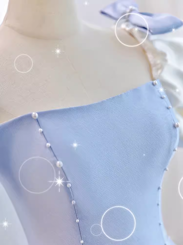 Modest Princess Short Sleeves Long Blue Satin Prom Dress P1426