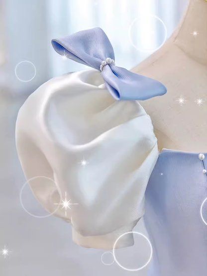 Modest Princess Short Sleeves Long Blue Satin Prom Dress P1426