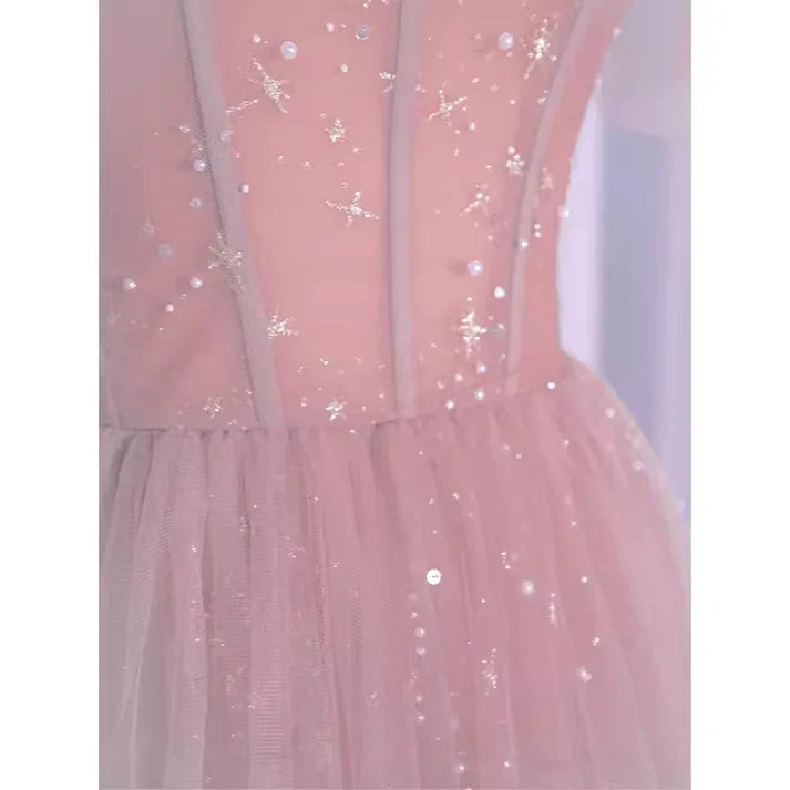 Pink Shiny Sweet A-Line Long Elegant Halter Neck Ball Gown Evening Dress gh3294