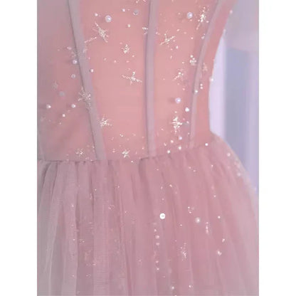 Pink Shiny Sweet A-Line Long Elegant Halter Neck Ball Gown Evening Dress gh3294