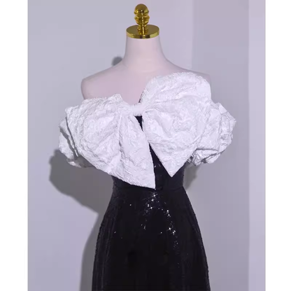 Sexy A line Off The Shoulder Long Black Sequin Prom Dress P1534
