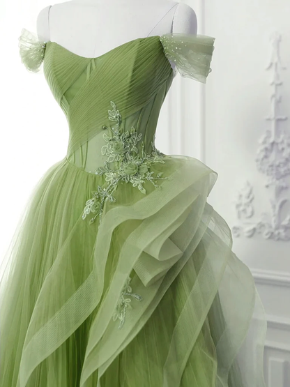 A-Line Tulle Lace Sage Green Long Prom Dress P1578