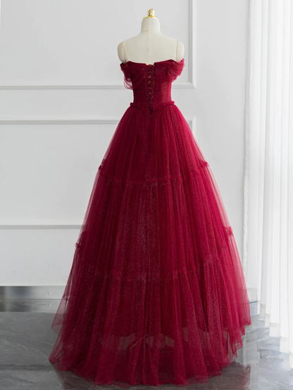 Simple A-Line Tulle Burgundy Long Prom Dress P1581