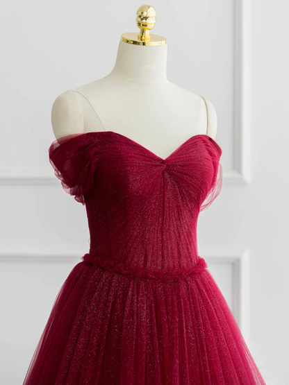 Simple A-Line Tulle Burgundy Long Prom Dress P1581