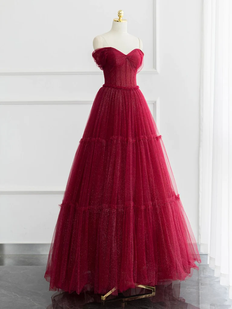 Simple A-Line Tulle Burgundy Long Prom Dress P1581