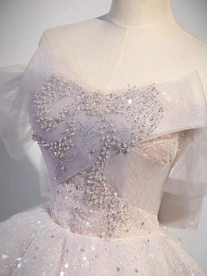 Ball Gown Off Shoulder Tulle Sequin Light Pink Long Prom Dress P1583