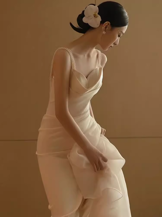 Vintage Mermaid Straps Long White Satin Wedding Dresses P1607