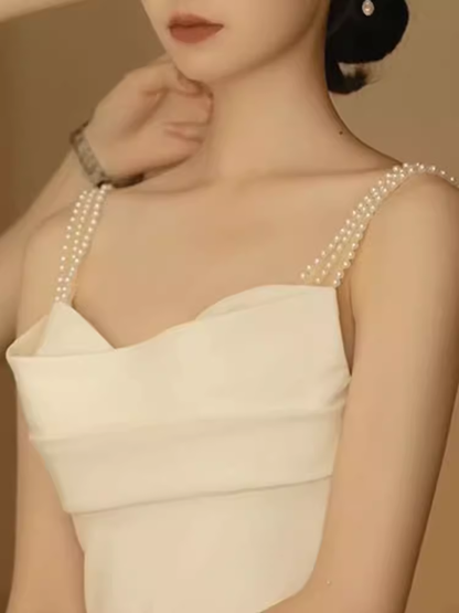 Vintage Mermaid Straps Long White Satin Wedding Dresses P1607