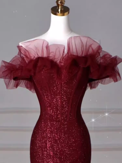 Sparkly Mermaid Burgundy Sequin Long Prom Dress Party Dresses P1613