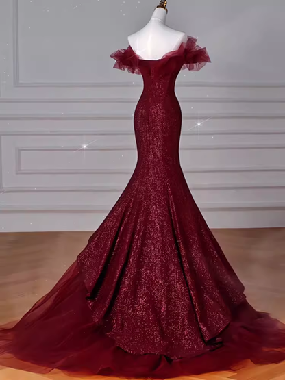 Sparkly Mermaid Burgundy Sequin Long Prom Dress Party Dresses P1613