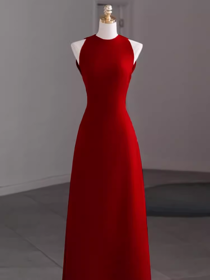 Simple A Line Red Floor Length Open Back Prom Dress P1704