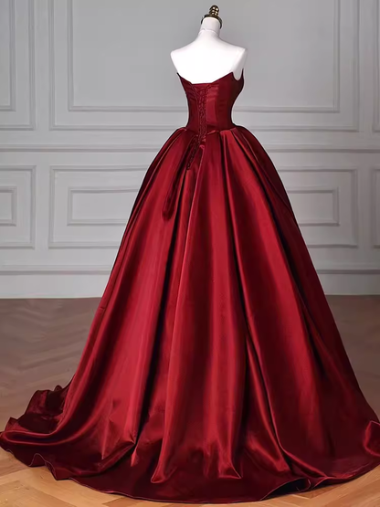 Simple A Line Strapless Burgundy Floor Length Prom Dress P1706
