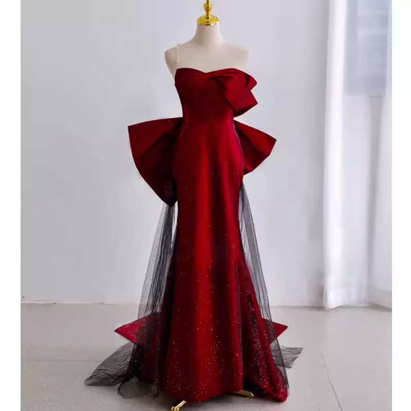 Simple Mermaid Strapless Burgundy Floor Length Prom Dress P1707