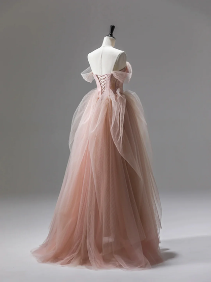 A line Pink Corset Long Tulle Prom Dress With Ruffles P1844