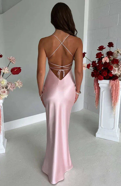 Halter Neck Pink Prom Dresses Sheath Backless Satin Party Gown Evening Dress SH2572