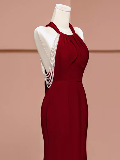 Mermaid Halter Burgundy Long Prom Dresses P1914