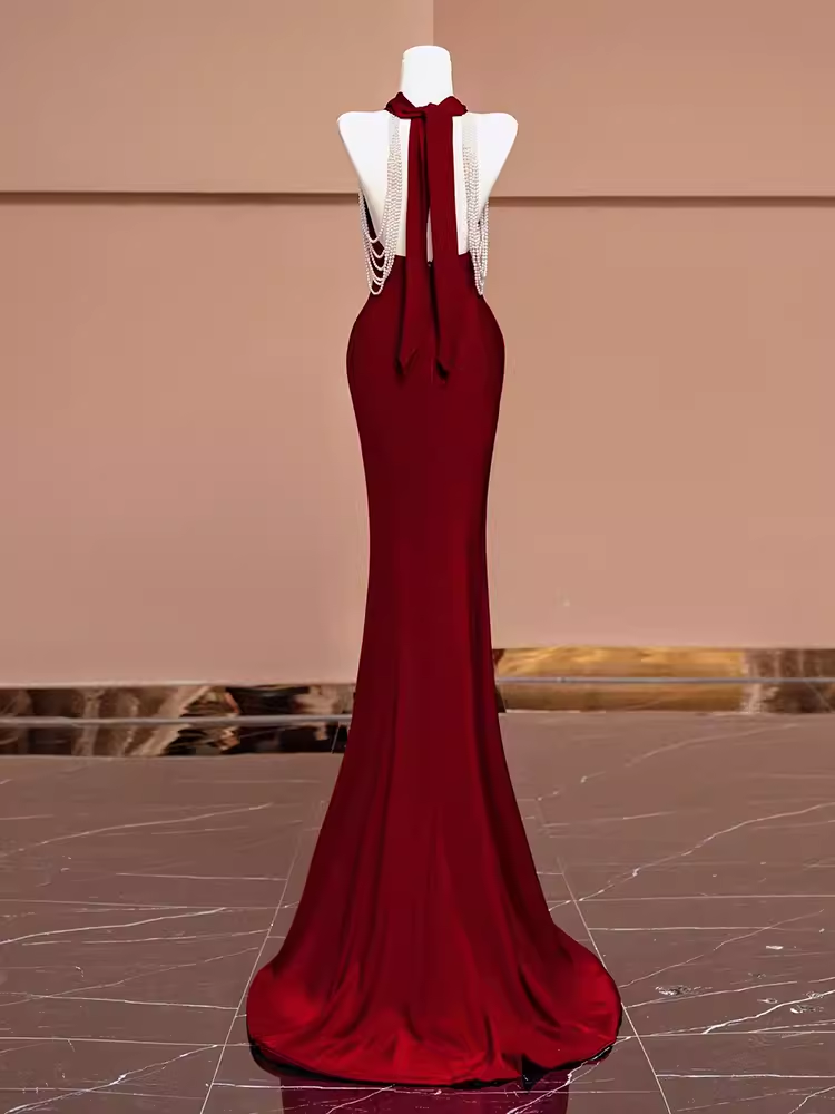 Mermaid Halter Burgundy Long Prom Dresses P1914