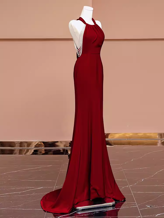 Mermaid Halter Burgundy Long Prom Dresses P1914