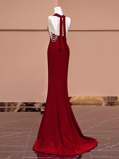 Mermaid Halter Burgundy Long Prom Dresses P1914