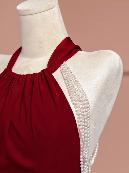 Mermaid Halter Burgundy Long Prom Dresses P1914