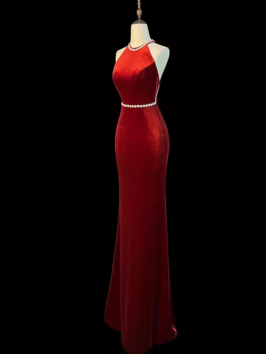 Mermaid Halter Burgundy Long Velvet Prom Dresses P1915
