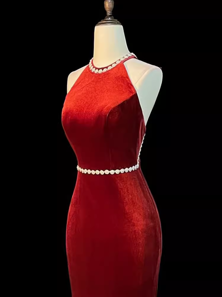 Mermaid Halter Burgundy Long Velvet Prom Dresses P1915