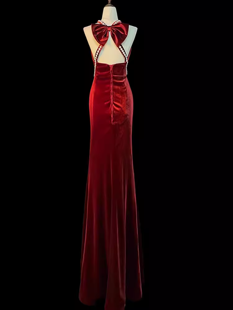 Mermaid Halter Burgundy Long Velvet Prom Dresses P1915