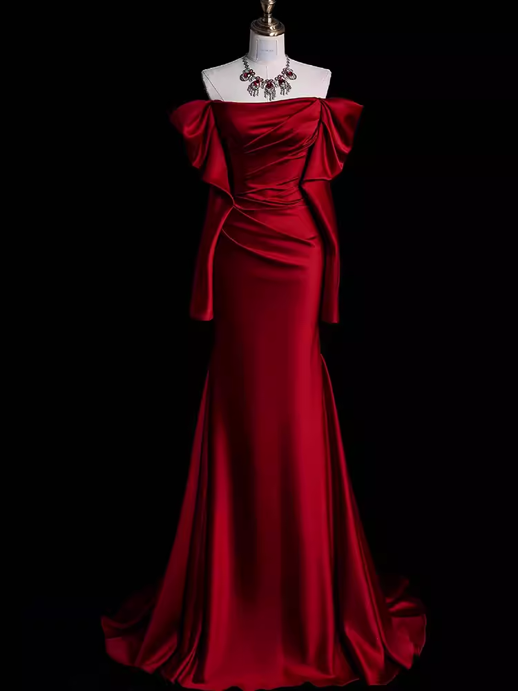 Mermaid Off The Shoulder Burgundy Long Satin Prom Dresses P1916