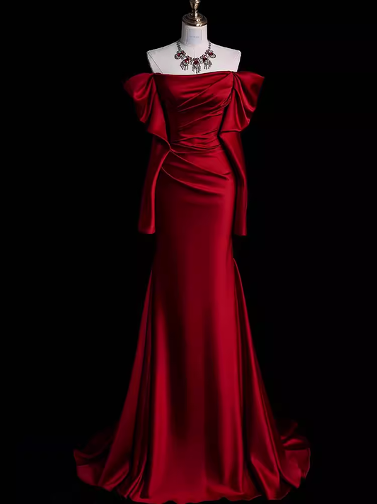Mermaid Off The Shoulder Burgundy Long Satin Prom Dresses P1916