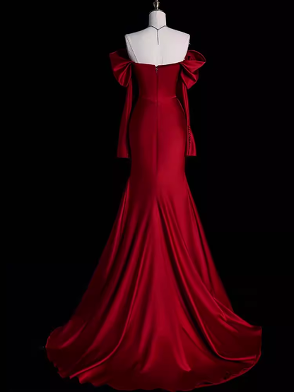 Mermaid Off The Shoulder Burgundy Long Satin Prom Dresses P1916
