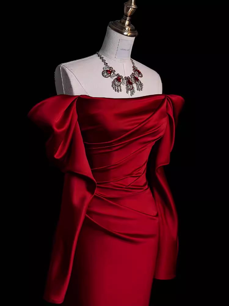 Mermaid Off The Shoulder Burgundy Long Satin Prom Dresses P1916