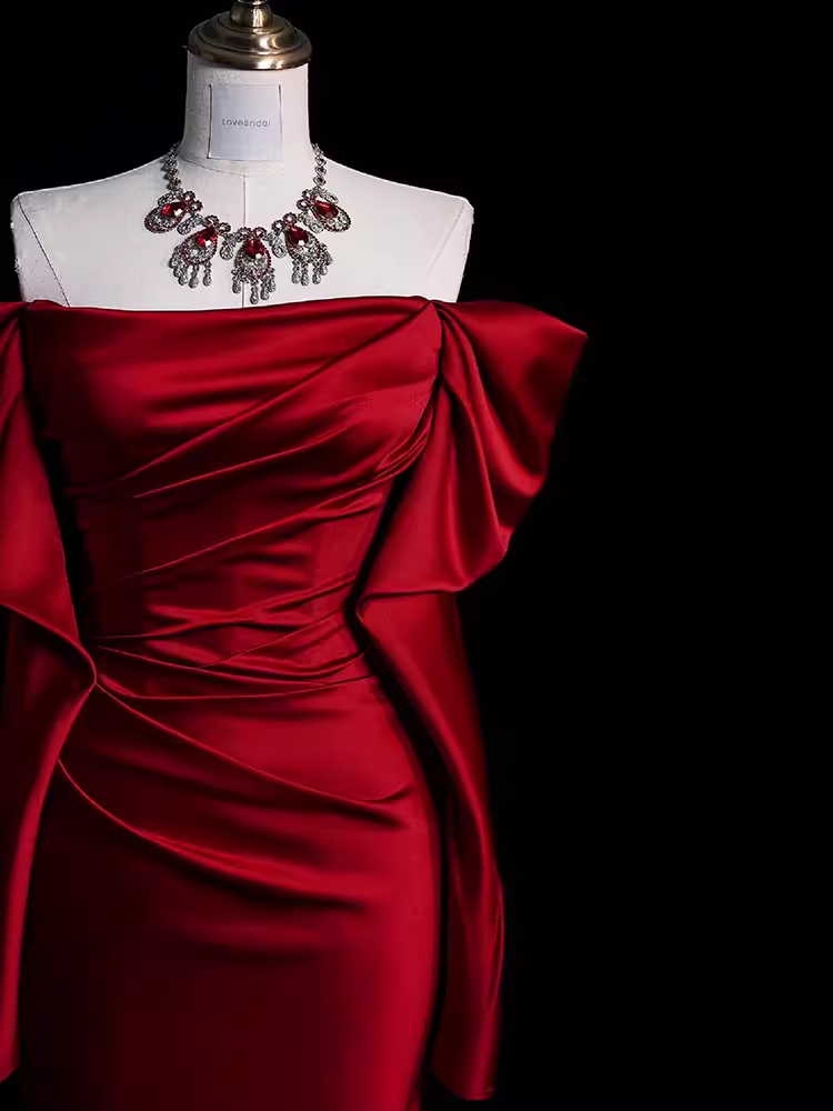 Mermaid Off The Shoulder Burgundy Long Satin Prom Dresses P1916