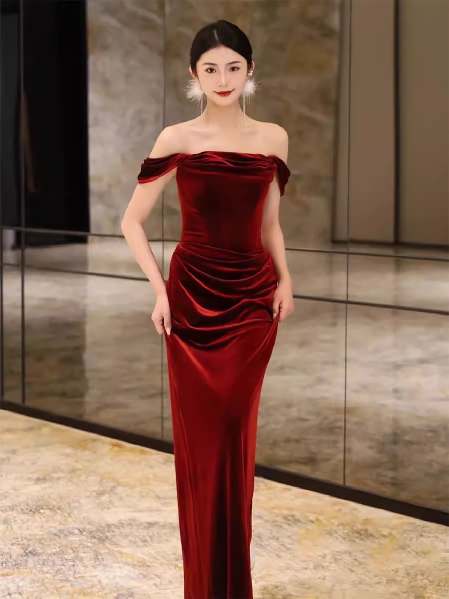 Sheath Strapless Red Velvet Prom Dresses Evening Dress P1986