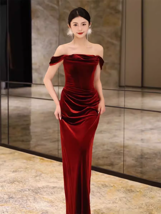 Sheath Strapless Red Velvet Prom Dresses Evening Dress P1986