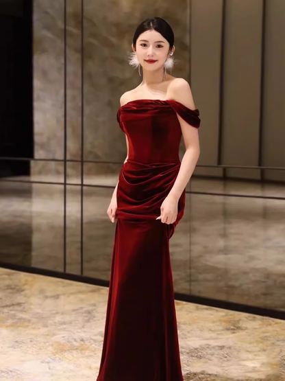 Sheath Strapless Red Velvet Prom Dresses Evening Dress P1986