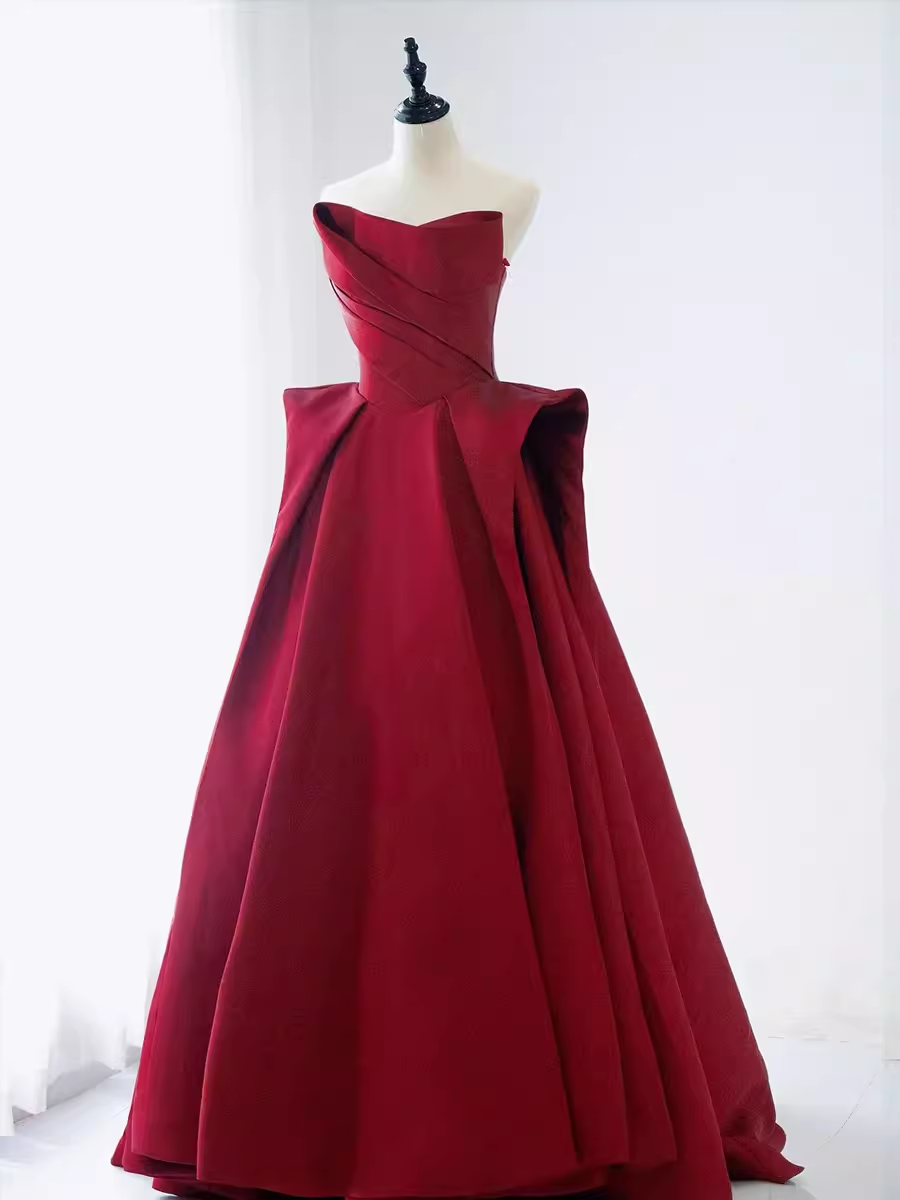 Ball Gown Strapless Burgundy Satin Prom Dresses Evening Dress P1988