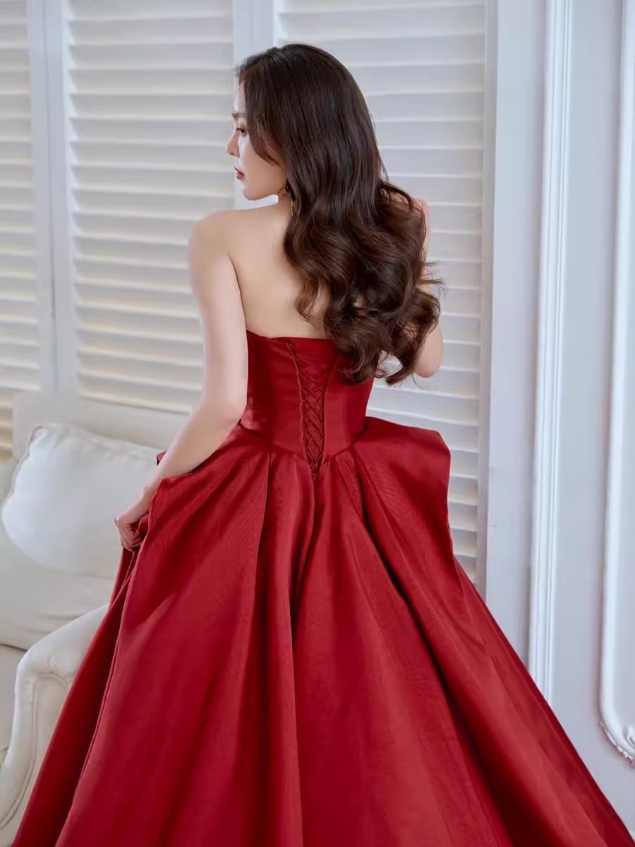 Ball Gown Strapless Burgundy Satin Prom Dresses Evening Dress P1988