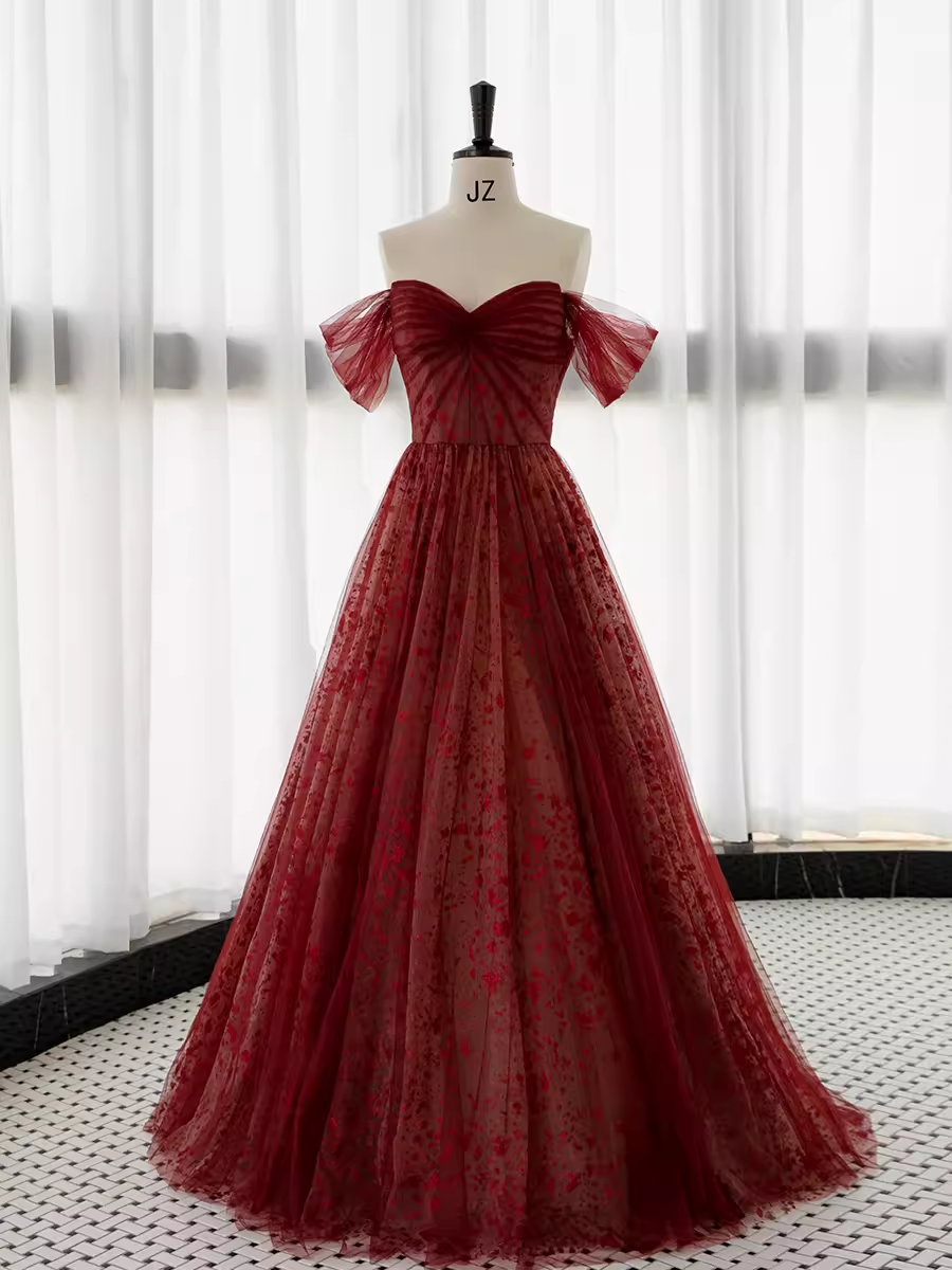 Ball Gown Strapless Burgundy Tulle Prom Dresses Evening Dress P1989