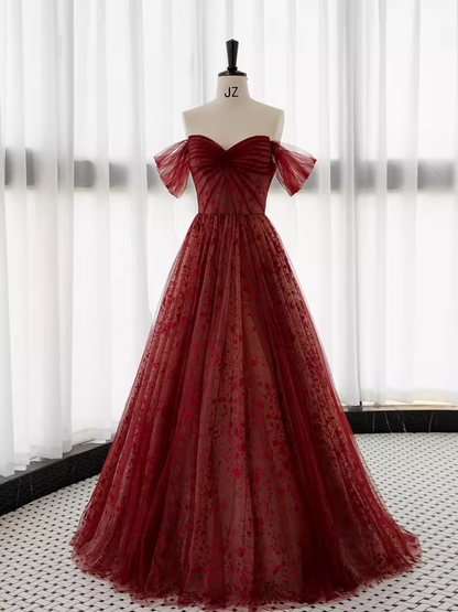 Ball Gown Strapless Burgundy Tulle Prom Dresses Evening Dress P1989