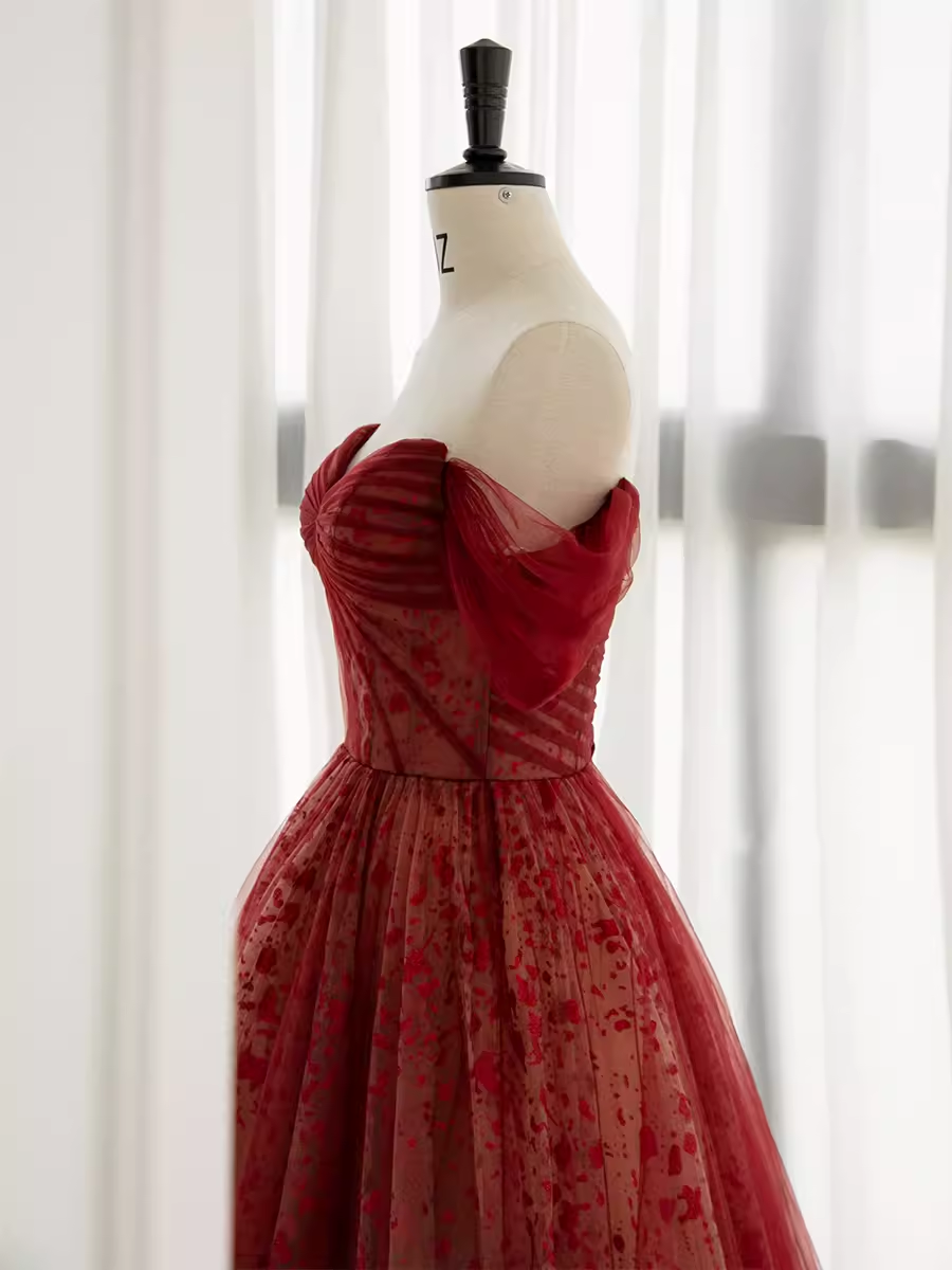 Ball Gown Strapless Burgundy Tulle Prom Dresses Evening Dress P1989