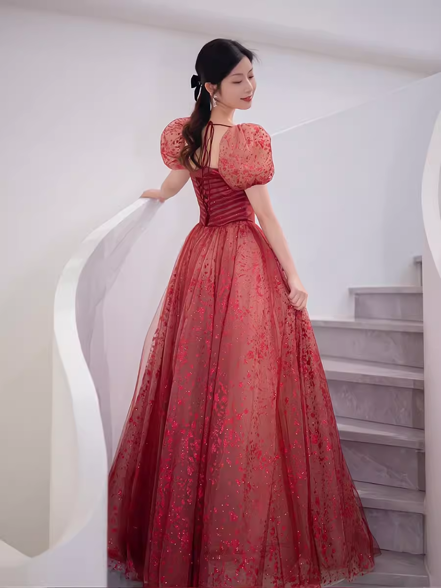 Ball Gown Strapless Burgundy Tulle Prom Dresses Evening Dress P1989