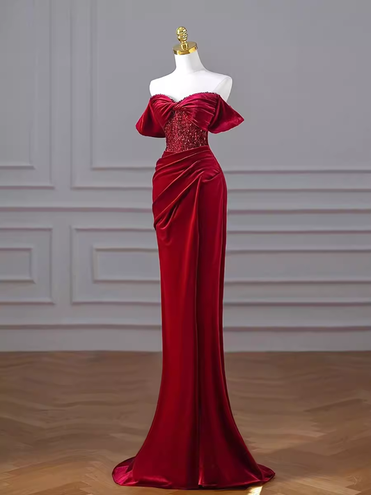 Mermaid Strapless Burgundy Velvet Prom Dresses Evening Dress P1990