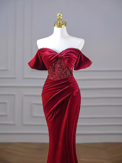 Mermaid Strapless Burgundy Velvet Prom Dresses Evening Dress P1990