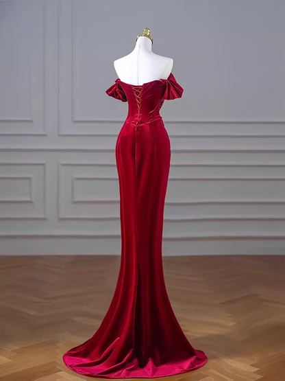 Mermaid Strapless Burgundy Velvet Prom Dresses Evening Dress P1990