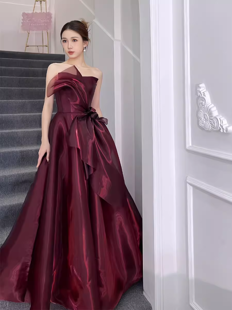 Ball Gown Strapless Burgundy Organza Prom Dresses Evening Dress P1991