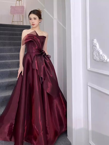 Ball Gown Strapless Burgundy Organza Prom Dresses Evening Dress P1991