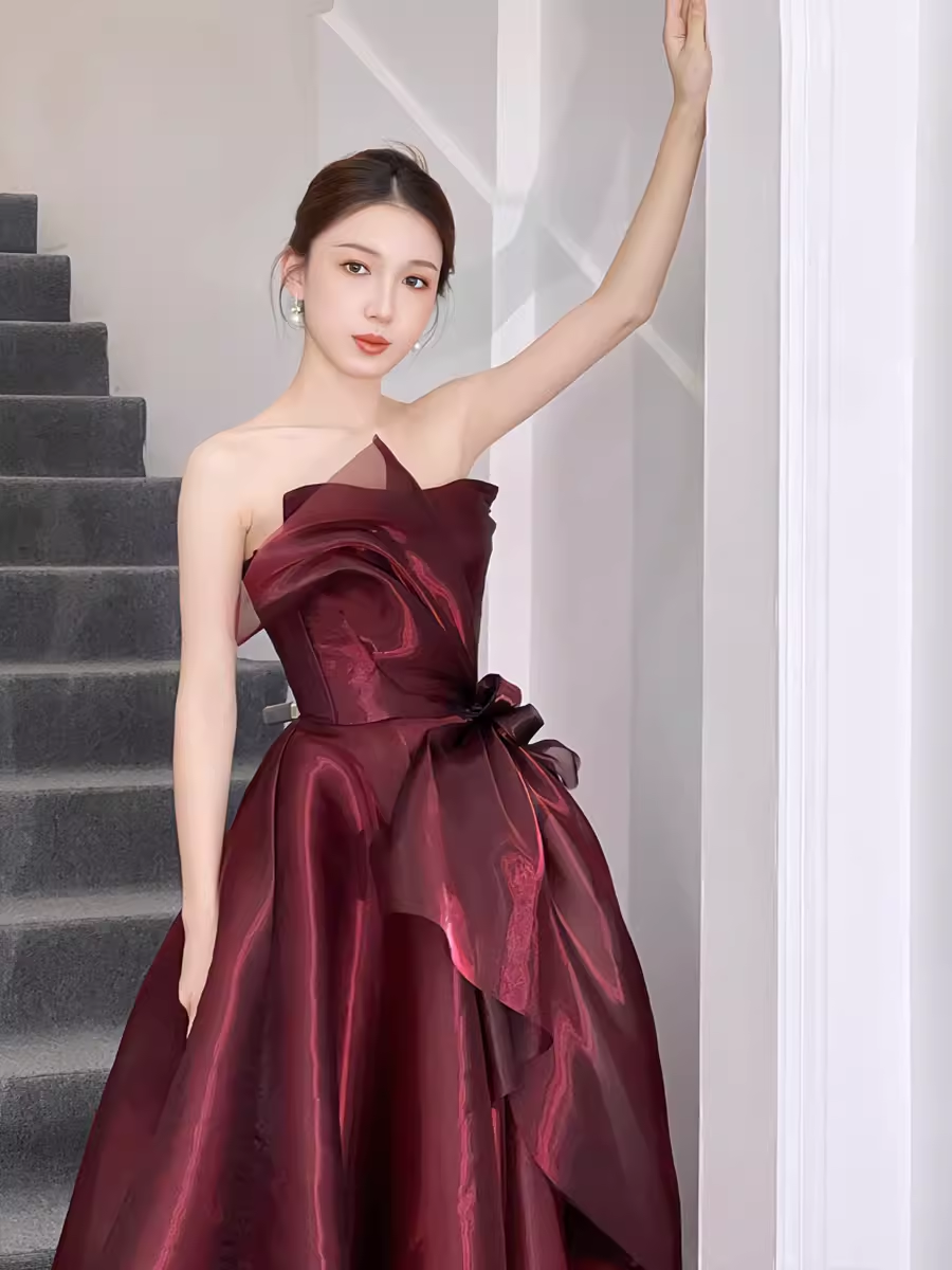 Ball Gown Strapless Burgundy Organza Prom Dresses Evening Dress P1991
