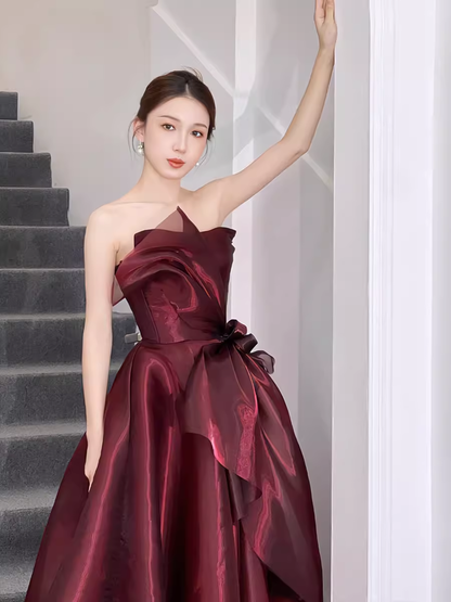 Ball Gown Strapless Burgundy Organza Prom Dresses Evening Dress P1991