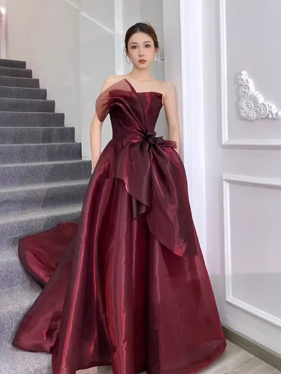 Ball Gown Strapless Burgundy Organza Prom Dresses Evening Dress P1991