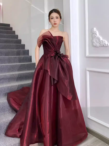 Ball Gown Strapless Burgundy Organza Prom Dresses Evening Dress P1991